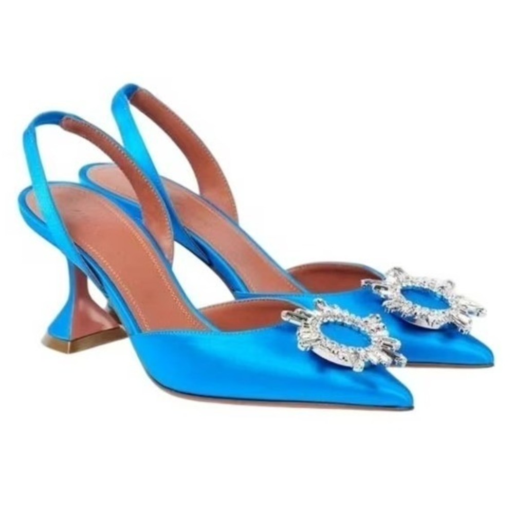 Amina Muaddi Satin Begum Slingback Pumps Blue Azur Size 40 (US 9) Crystal